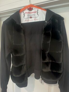DKNY Black Faux Fur Trim Hoodie Jacket